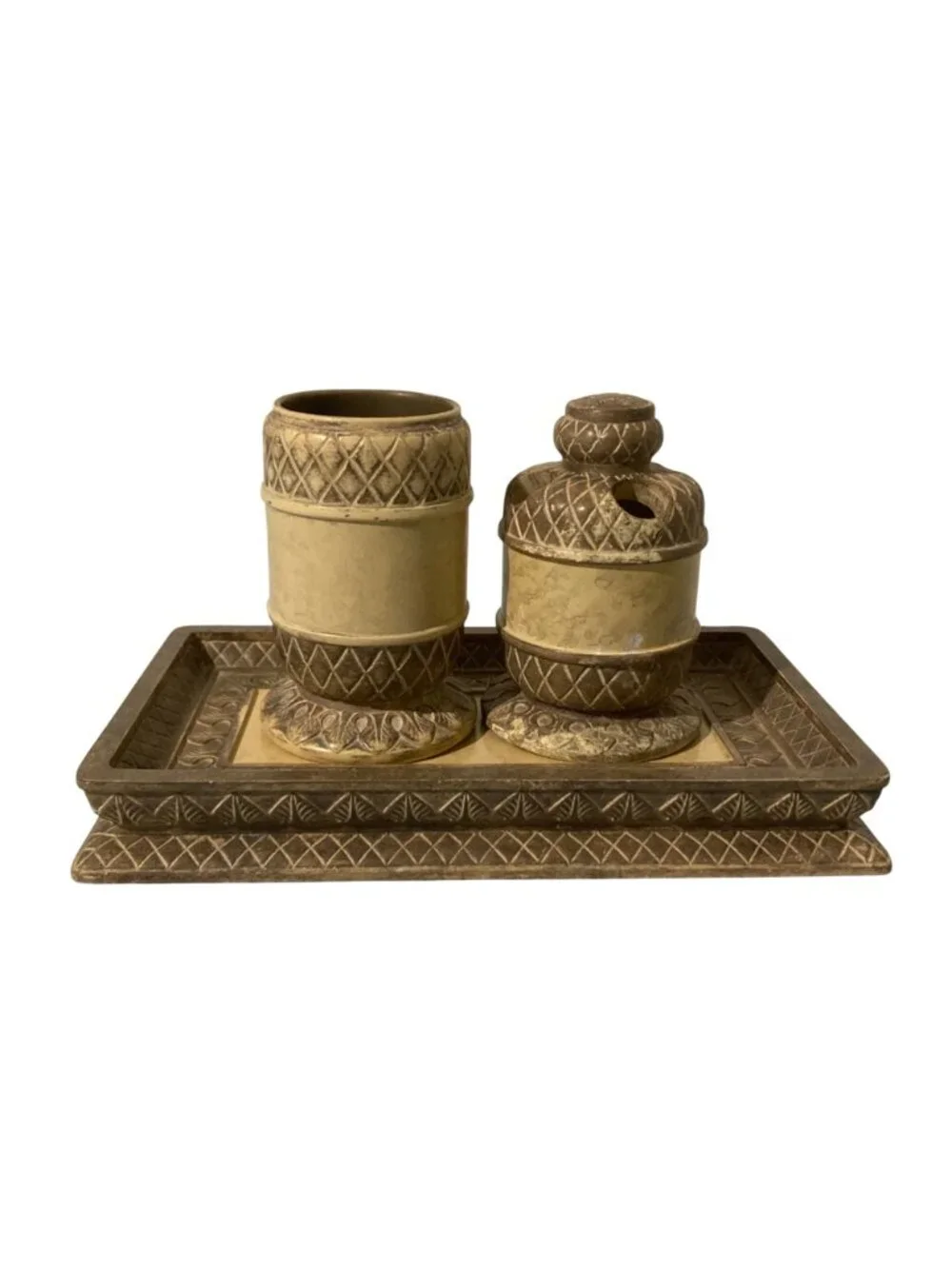 Vintage India Ink Corinthian Toothbrush Holder Tumbler And Tray Set